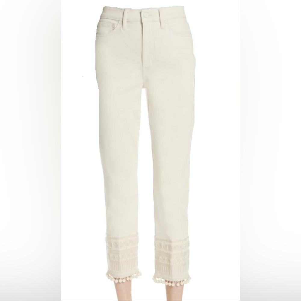 Tory Burch EUC Lana Pom Pom Hem Cropped Jeans Cream Size 30 Boho